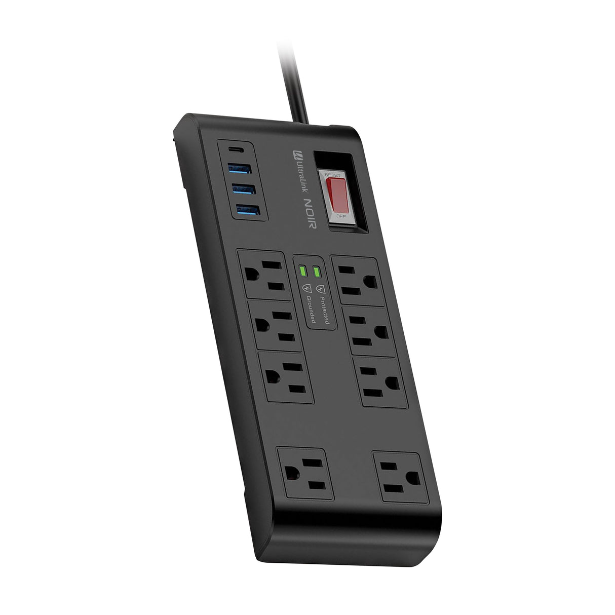 Ultralink Noir Surge Protector 8 Outlets - 3 USB-A + 1 USB-C 20W