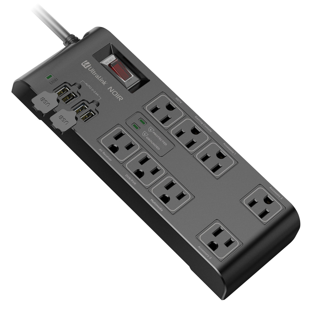 UltraLink Noir: Multimedia Surge Protector - 8 Outlets - 4 USB