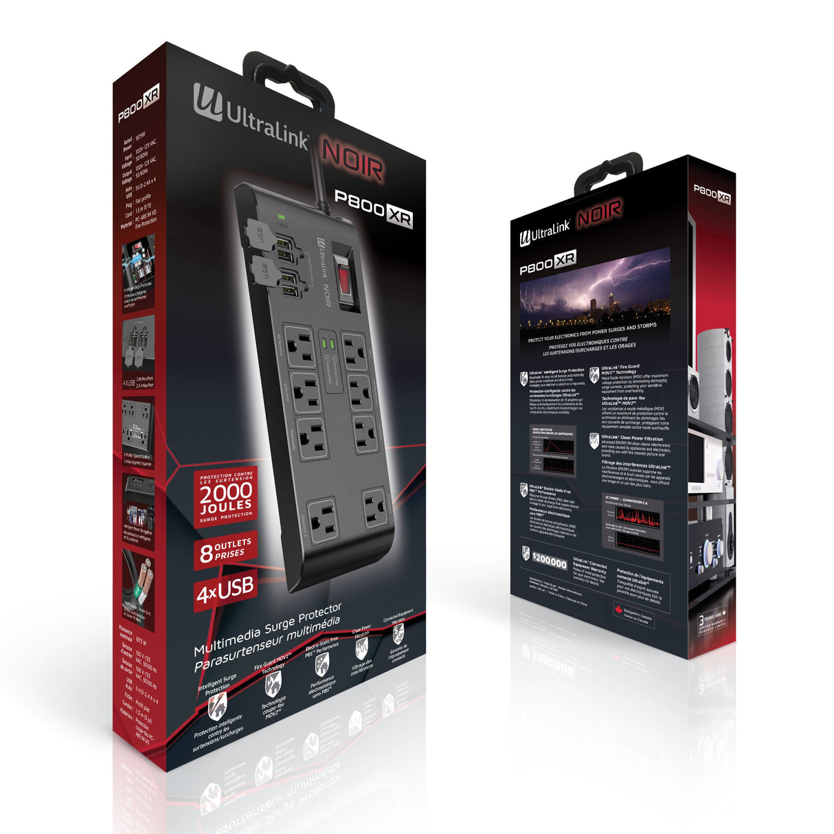 UltraLink Noir: Multimedia Surge Protector - 8 Outlets - 4 USB