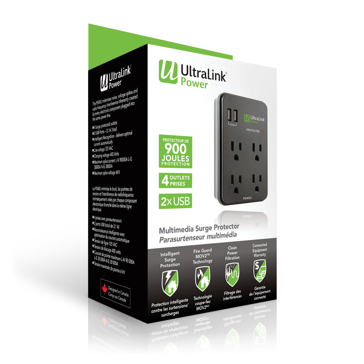 UltraLink Power: 4 Outlet 2 USB 3.1A Wall Multimedia Surge Protector