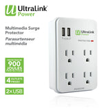 UltraLink Power: 4 Outlet 2 USB 3.1A Wall Multimedia Surge Protector