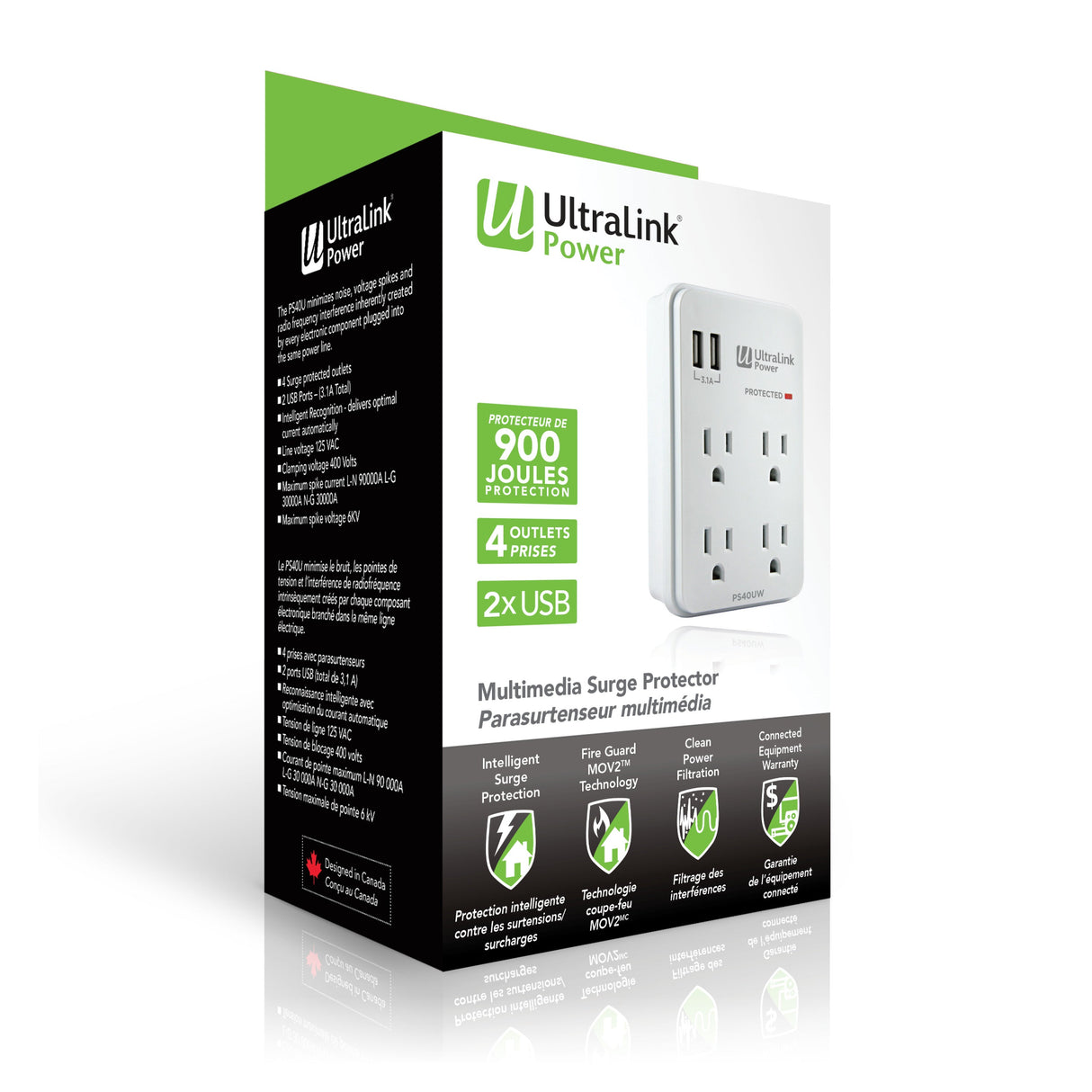 UltraLink Power: 4 Outlet 2 USB 3.1A Wall Multimedia Surge Protector